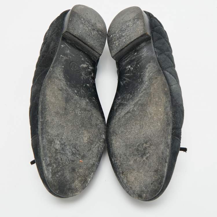 Pre Owned Chanel CC Size 37 Black Quilted Leather Bow Cap Toe Ballet Flats