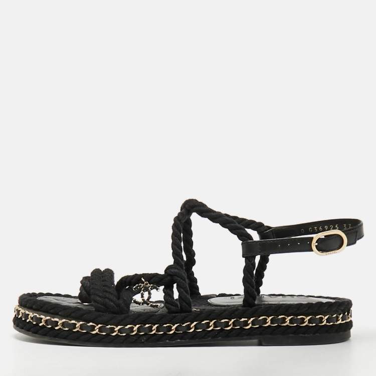 مملوكة مسبقًا Chanel CC Size 37 Black Rope and Leather Flat Sandals