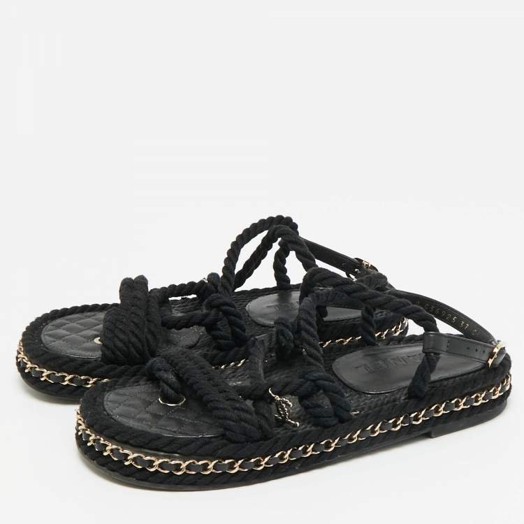 مملوكة مسبقًا Chanel CC Size 37 Black Rope and Leather Flat Sandals