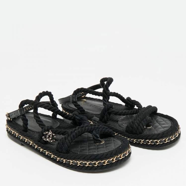 مملوكة مسبقًا Chanel CC Size 37 Black Rope and Leather Flat Sandals