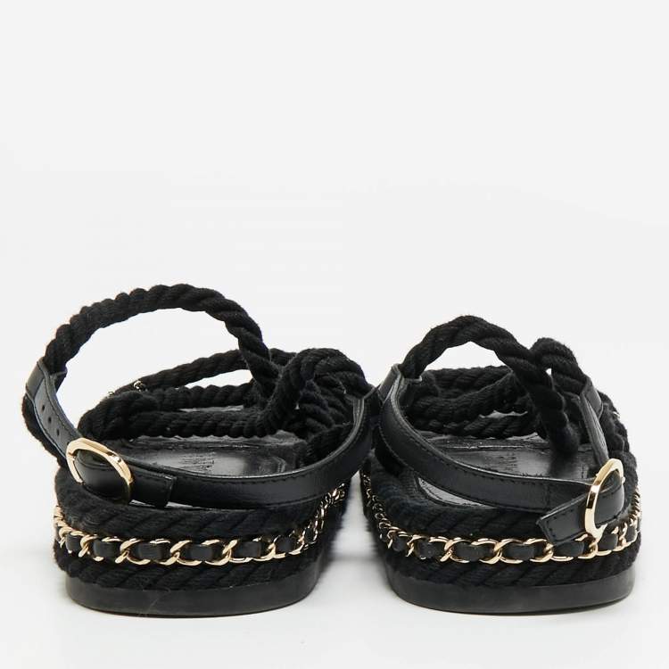 مملوكة مسبقًا Chanel CC Size 37 Black Rope and Leather Flat Sandals