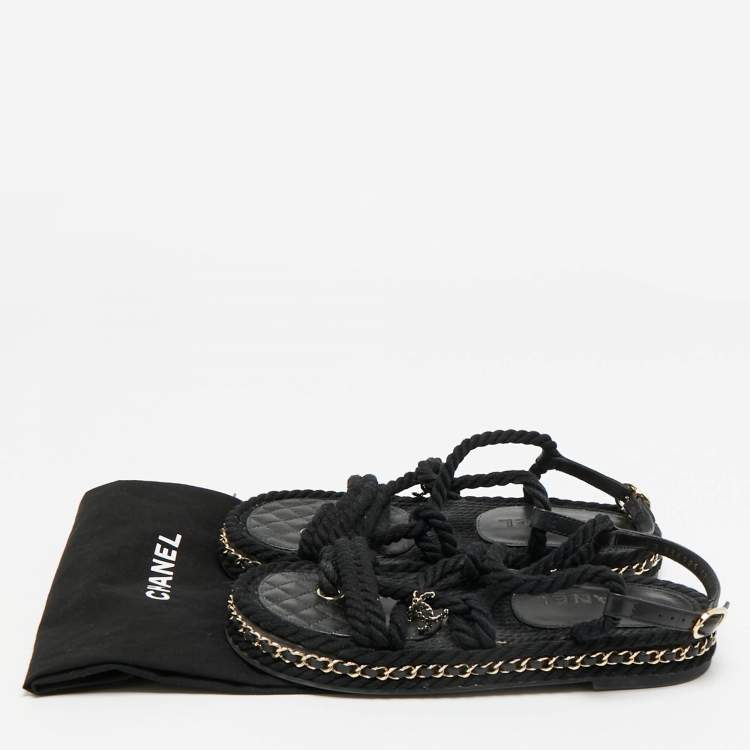 مملوكة مسبقًا Chanel CC Size 37 Black Rope and Leather Flat Sandals