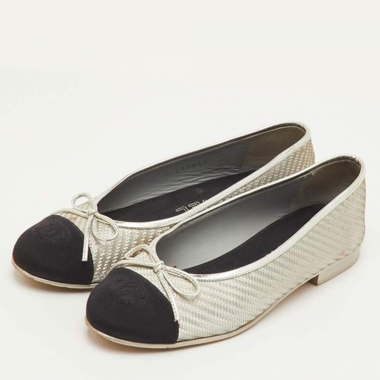 Pre Owned Chanel CC Size 36.5 Silver/Black Woven Coated Fabric Bow Cap Toe Ballet Flats