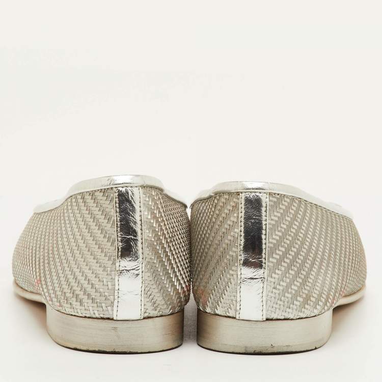 Pre Owned Chanel CC Size 36.5 Silver/Black Woven Coated Fabric Bow Cap Toe Ballet Flats
