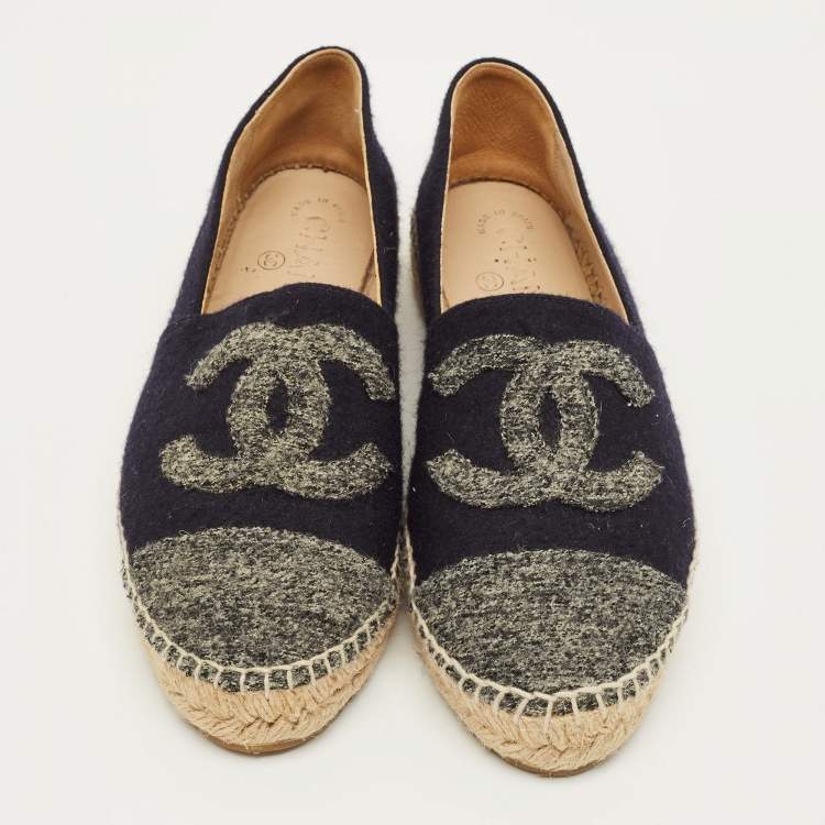Pre Owned Chanel CC Size 38 Navy Blue/Grey Wool Cap Toe Espadrille Flats