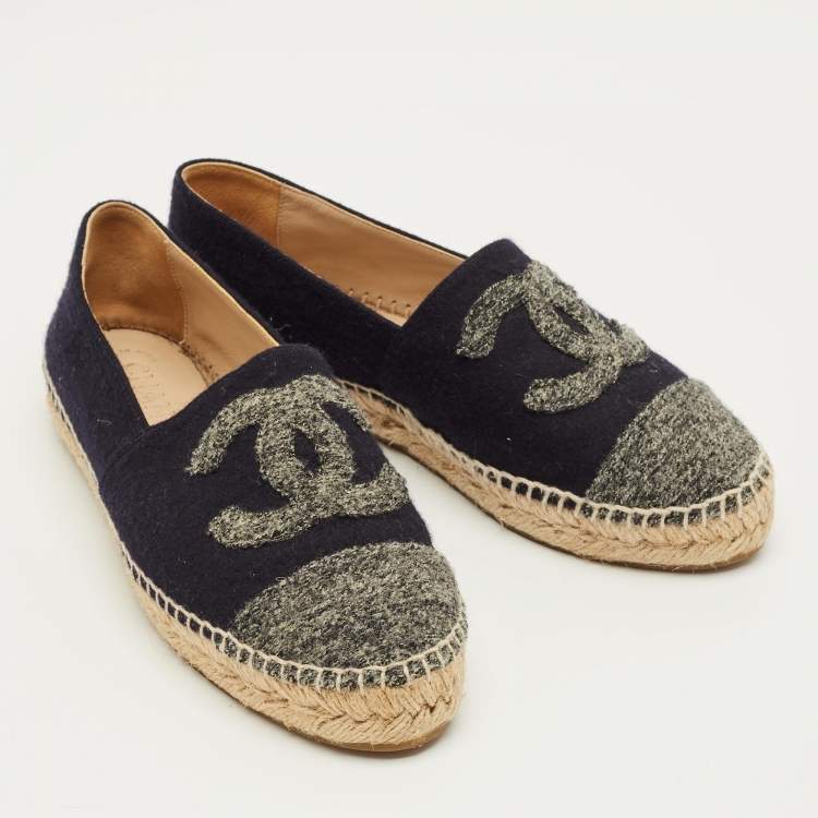 Pre Owned Chanel CC Size 38 Navy Blue/Grey Wool Cap Toe Espadrille Flats