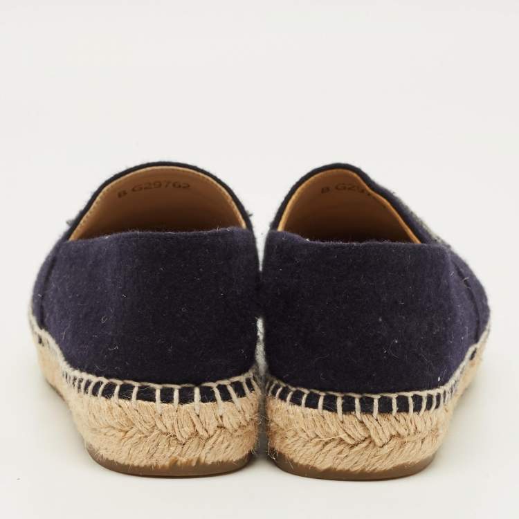 Pre Owned Chanel CC Size 38 Navy Blue/Grey Wool Cap Toe Espadrille Flats