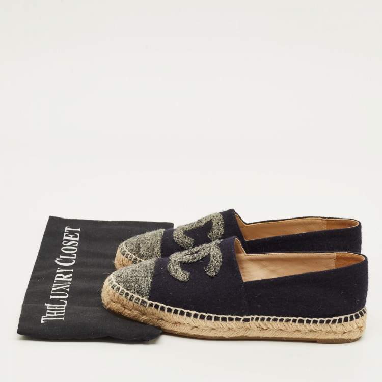 Pre Owned Chanel CC Size 38 Navy Blue/Grey Wool Cap Toe Espadrille Flats