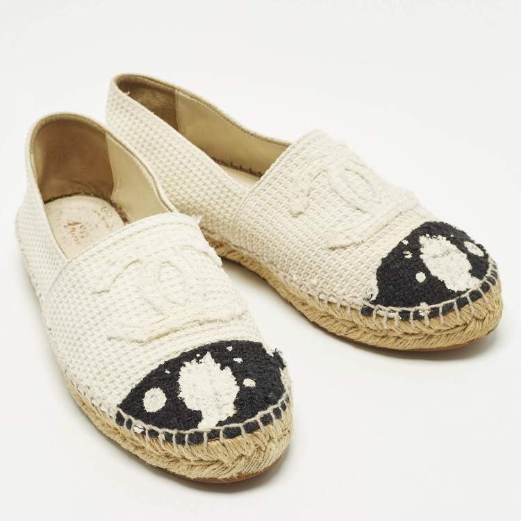 Pre Owned Chanel CC Size 39 White/Black Knit Fabric Espadrille Flats