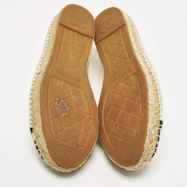 Pre Owned Chanel CC Size 39 White/Black Knit Fabric Espadrille Flats