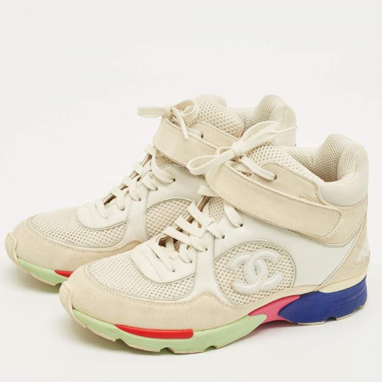 Pre Owned Chanel CC Size 38 Beige/White Mesh and Suede High Top Sneakers