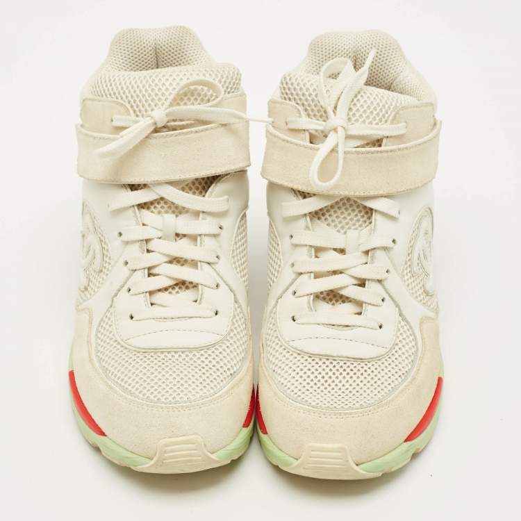 Pre Owned Chanel CC Size 38 Beige/White Mesh and Suede High Top Sneakers