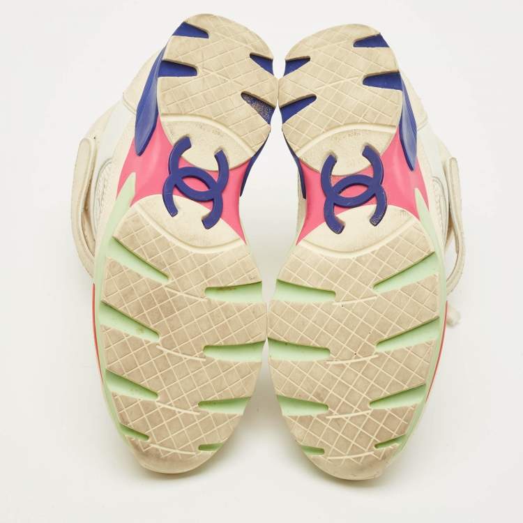 Pre Owned Chanel CC Size 38 Beige/White Mesh and Suede High Top Sneakers