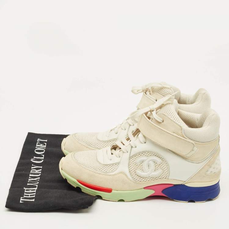 Pre Owned Chanel CC Size 38 Beige/White Mesh and Suede High Top Sneakers