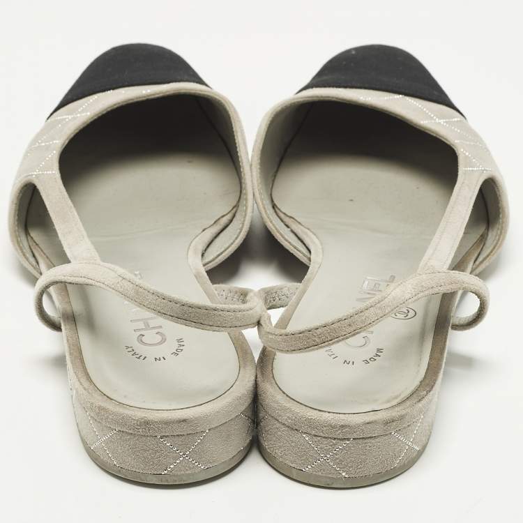 Pre Owned Chanel CC Size 39 Grey/Black Canvas and Suede Slingback Flats