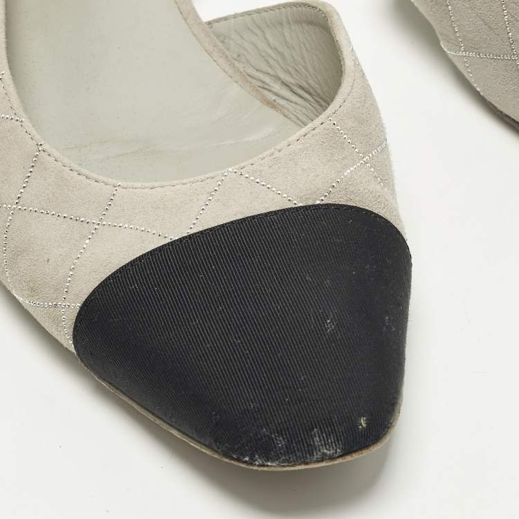 Pre Owned Chanel CC Size 39 Grey/Black Canvas and Suede Slingback Flats