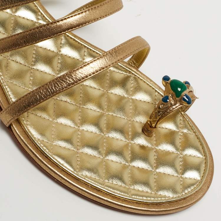 Pre Owned Chanel Size 38.5 Gold Leather Gladiator Flat Sandals