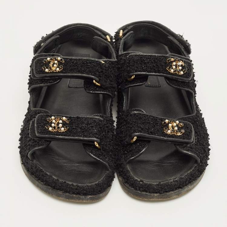 Pre Owned Chanel Dad Size 37.5 Black Tweed Slingback Sandals