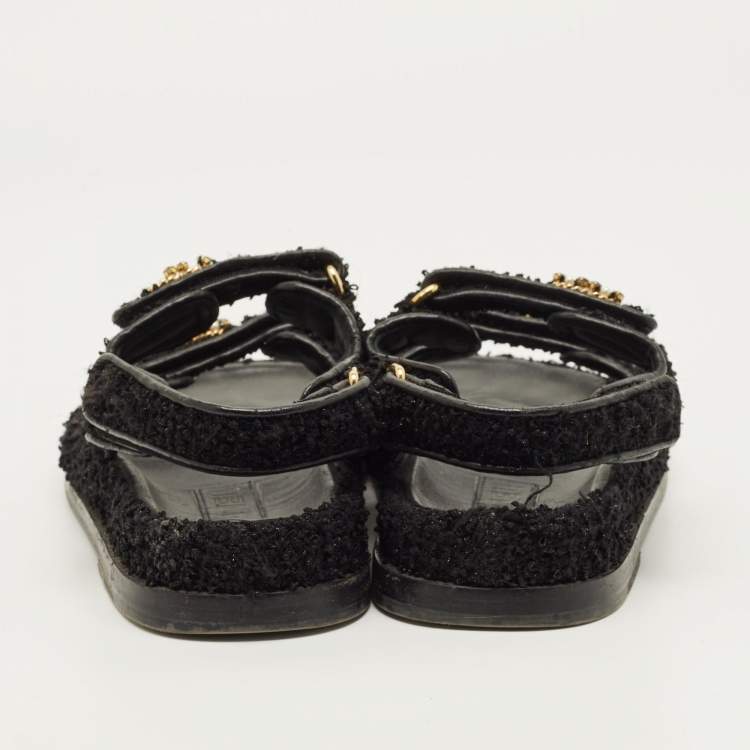 Pre Owned Chanel Dad Size 37.5 Black Tweed Slingback Sandals