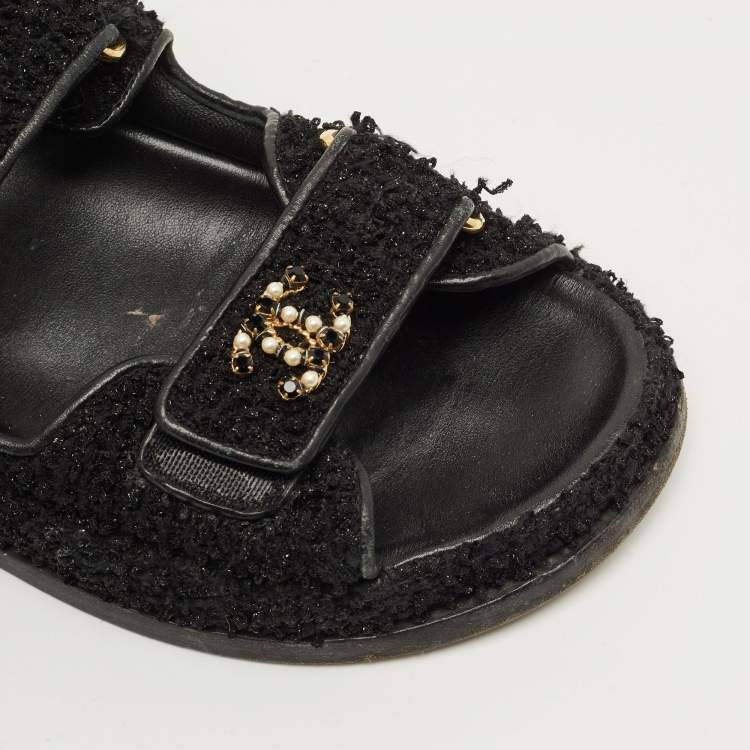 Pre Owned Chanel Dad Size 37.5 Black Tweed Slingback Sandals