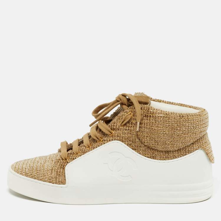 Pre Owned Chanel  Size 38.5 White/Gold Rubber And Tweed Fantasy High Top Sneakers