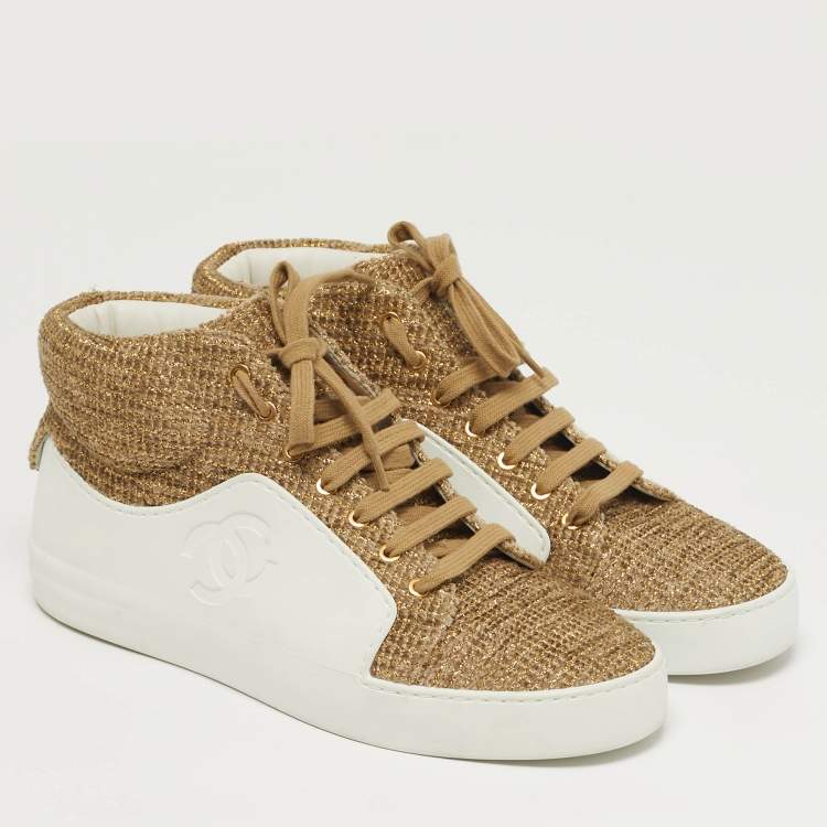 Pre Owned Chanel  Size 38.5 White/Gold Rubber And Tweed Fantasy High Top Sneakers