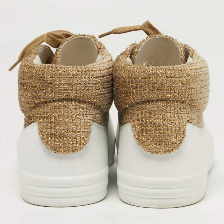 Pre Owned Chanel  Size 38.5 White/Gold Rubber And Tweed Fantasy High Top Sneakers
