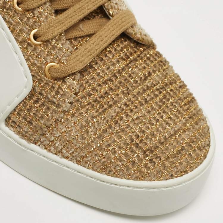 Pre Owned Chanel  Size 38.5 White/Gold Rubber And Tweed Fantasy High Top Sneakers