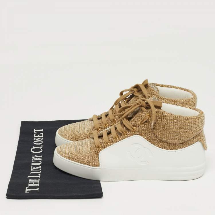 Pre Owned Chanel  Size 38.5 White/Gold Rubber And Tweed Fantasy High Top Sneakers