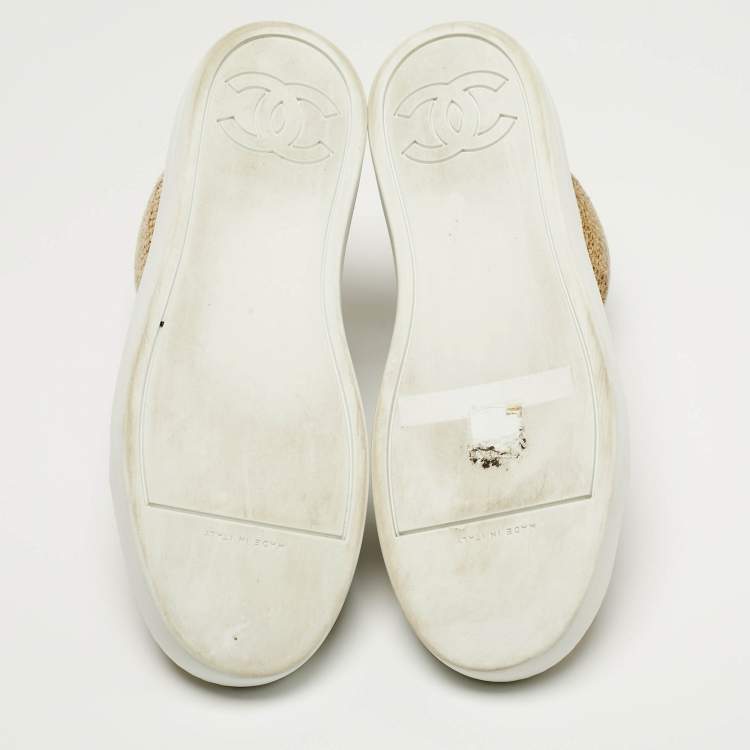 Pre Owned Chanel  Size 38.5 White/Gold Rubber And Tweed Fantasy High Top Sneakers