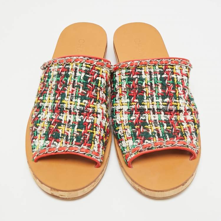 Pre Owned Chanel Size 41.5 Multicolor Tweed and Leather Chain Detail Slide Sandals 