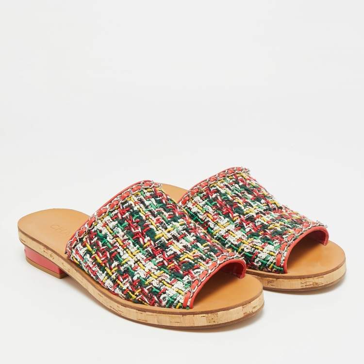 Pre Owned Chanel Size 41.5 Multicolor Tweed and Leather Chain Detail Slide Sandals 