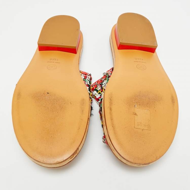 Pre Owned Chanel Size 41.5 Multicolor Tweed and Leather Chain Detail Slide Sandals 