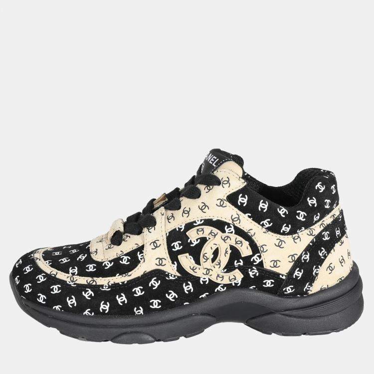 Pre Owned Chanel 22A Beige Black CC All Over Logo Sneakers 35