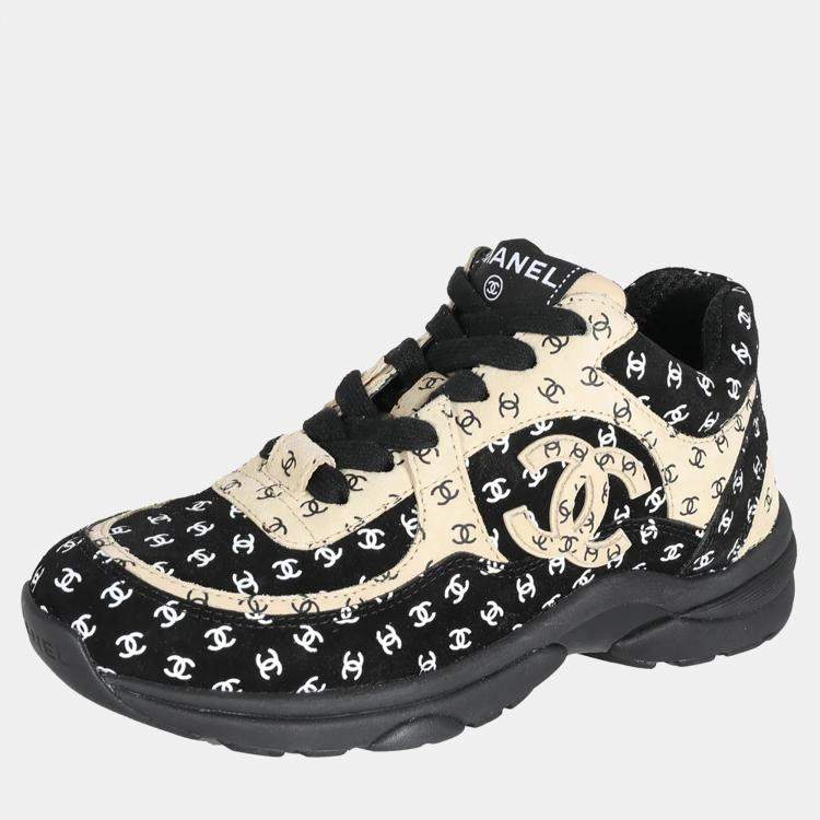Pre Owned Chanel 22A Beige Black CC All Over Logo Sneakers 35