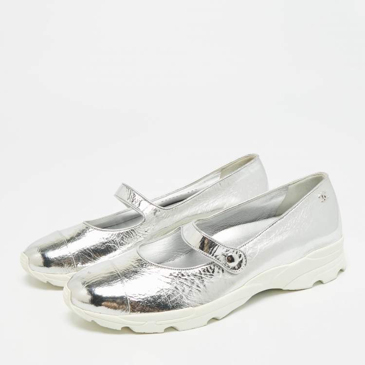 Pre Owned Chanel Size 38.5 Silver Leather Mary Jane Sneakers