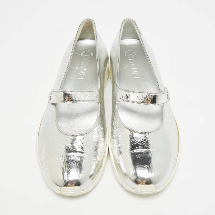 Pre Owned Chanel Size 38.5 Silver Leather Mary Jane Sneakers