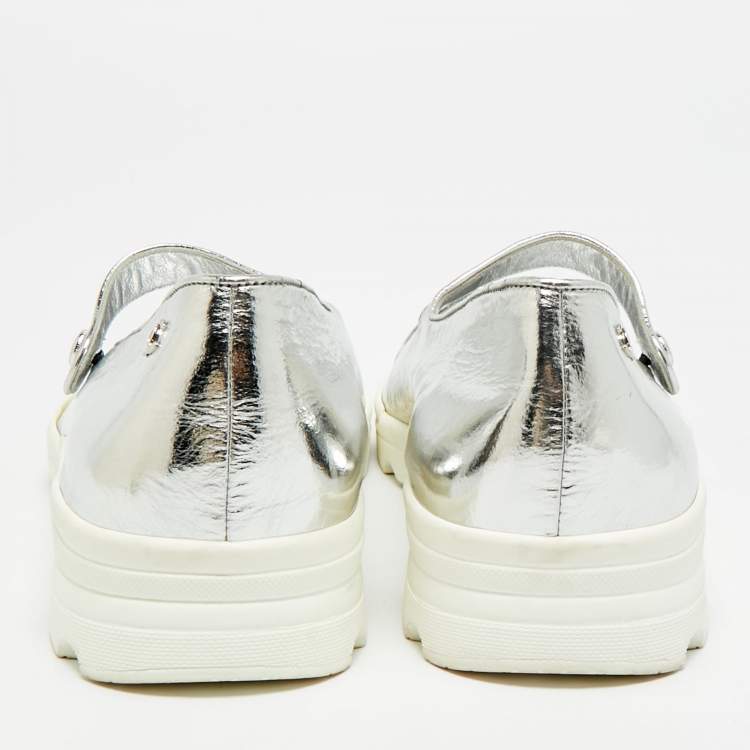 Pre Owned Chanel Size 38.5 Silver Leather Mary Jane Sneakers