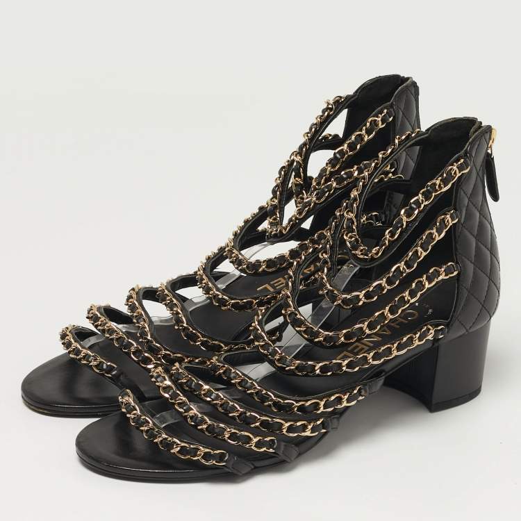 Pre Owned Chanel Size 39 Black Leather Interlocking CC Logo Gladiator Sandals