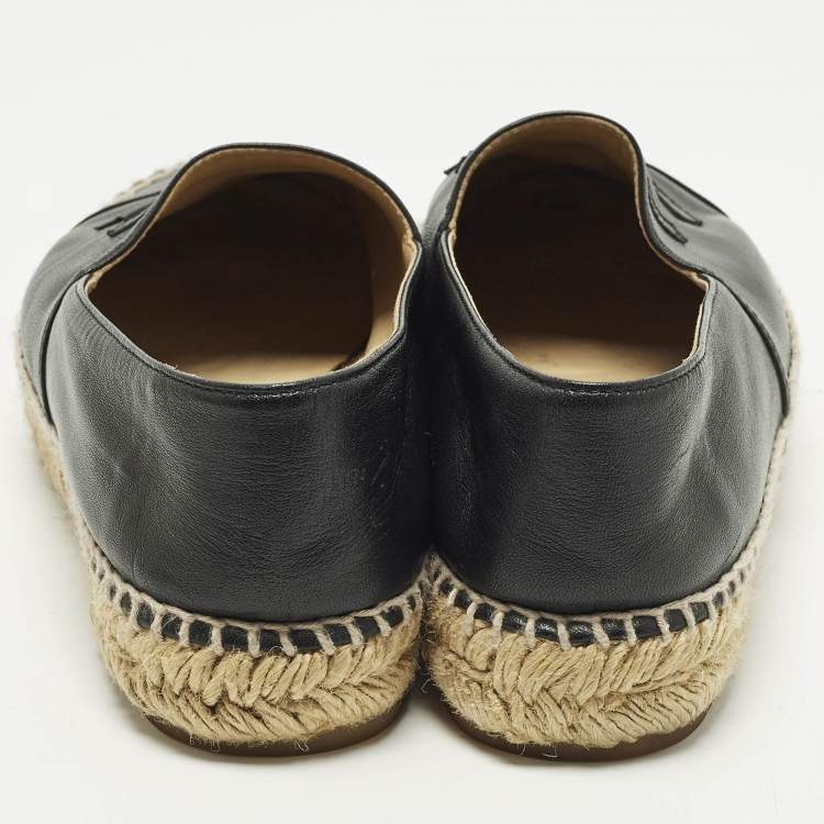 Pre Owned Chanel CC Size 38 Black Leather Cap Toe Espadrille Flats