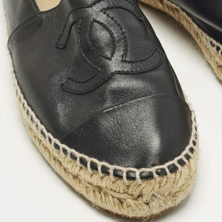Pre Owned Chanel CC Size 38 Black Leather Cap Toe Espadrille Flats