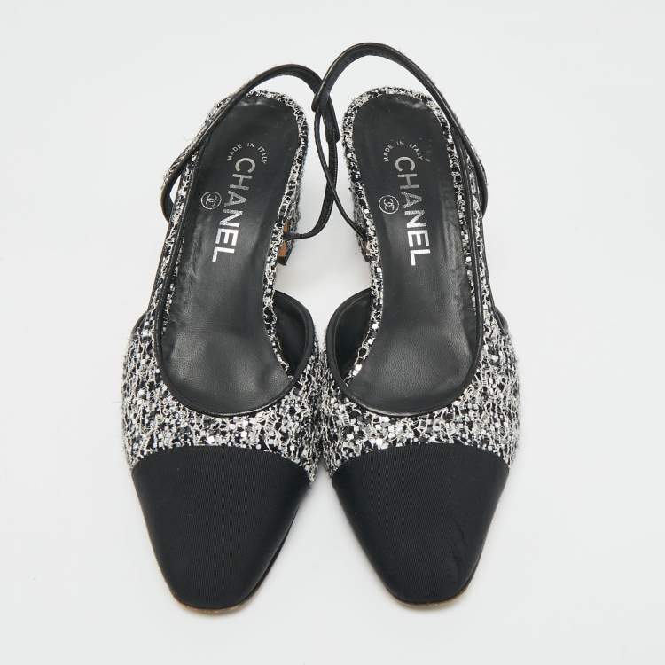 مملوكة مسبقًا Chanel Size 38.5 Black/Silver Fabric and Glitter Slingback Pumps