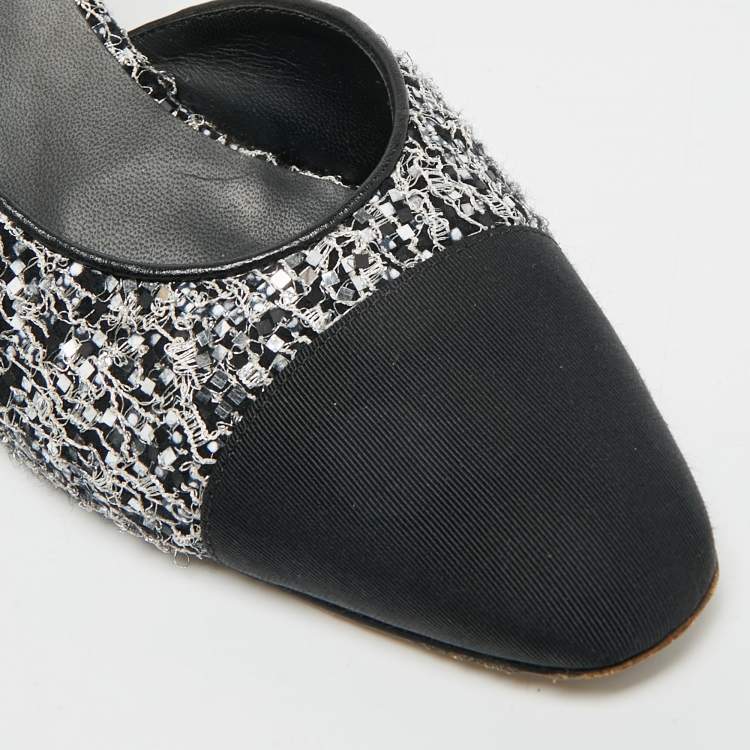 مملوكة مسبقًا Chanel Size 38.5 Black/Silver Fabric and Glitter Slingback Pumps