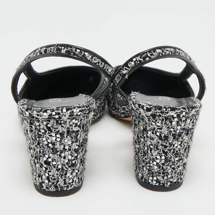 مملوكة مسبقًا Chanel Size 38.5 Black/Silver Fabric and Glitter Slingback Pumps