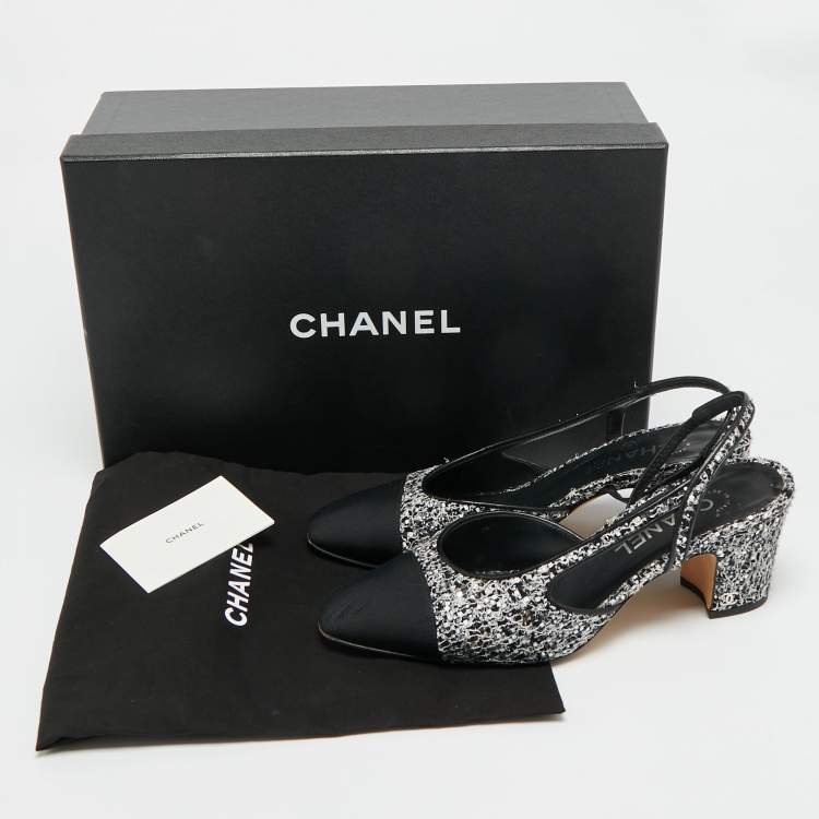 مملوكة مسبقًا Chanel Size 38.5 Black/Silver Fabric and Glitter Slingback Pumps