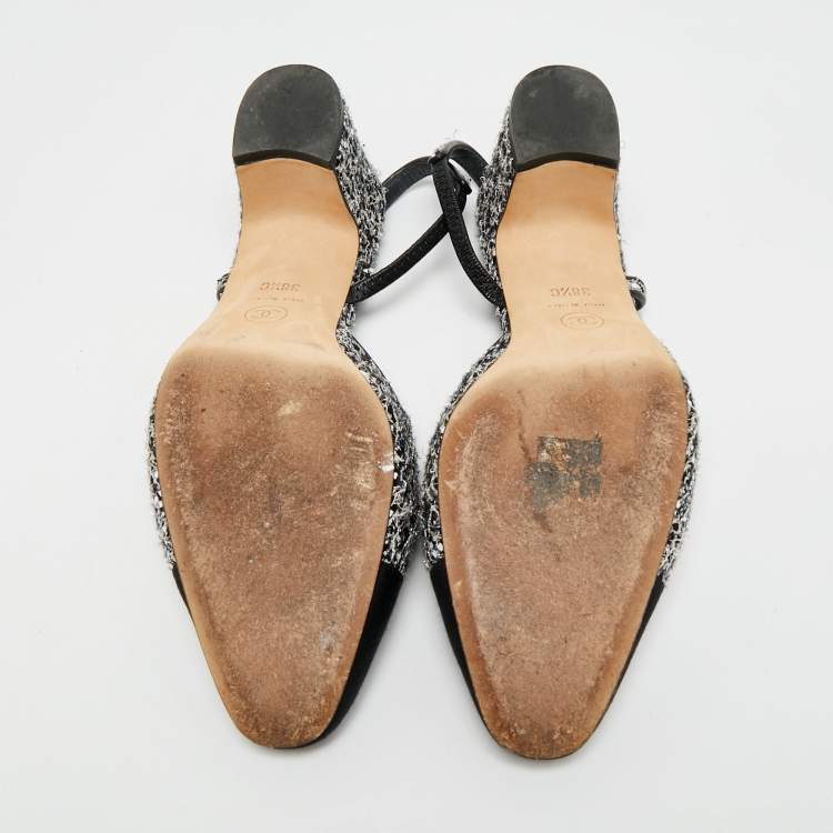 مملوكة مسبقًا Chanel Size 38.5 Black/Silver Fabric and Glitter Slingback Pumps