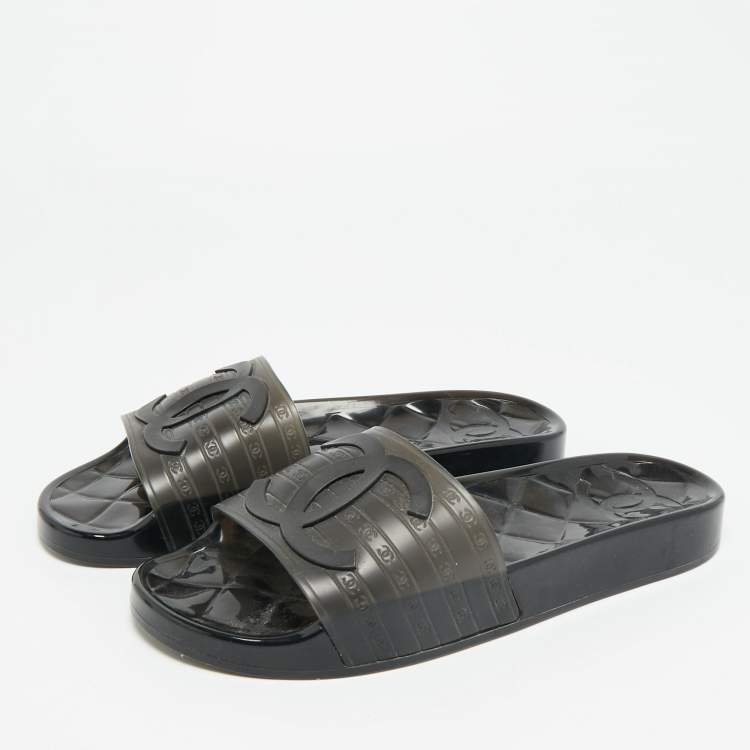 Pre Owned Chanel CC Size 39 Black Rubber Flat Slides 