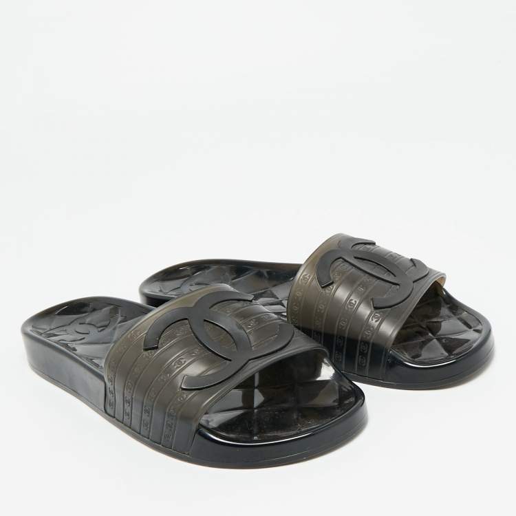 Pre Owned Chanel CC Size 39 Black Rubber Flat Slides 