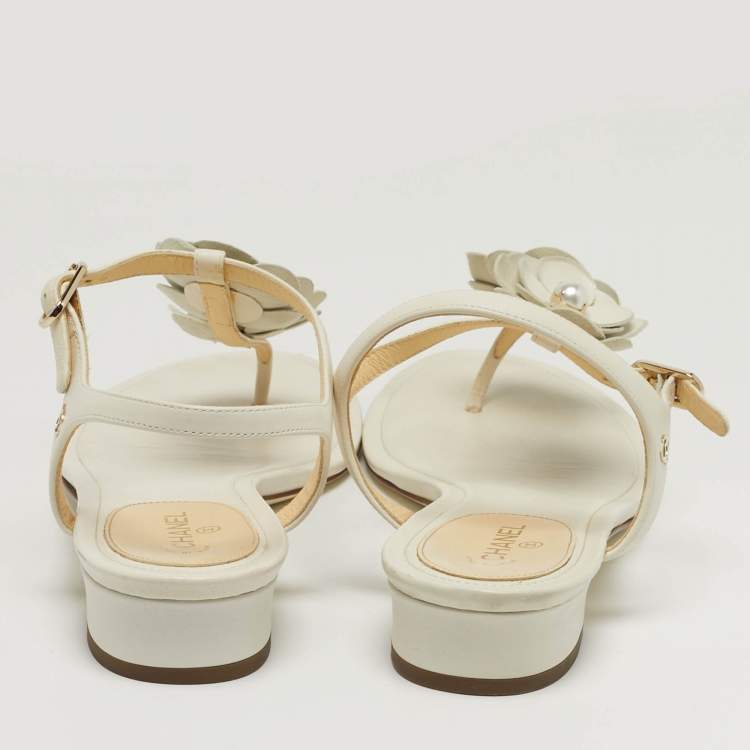 Pre Owned Chanel Camelia Size 40.5 White Leather Ankle Strap Thong Sandals