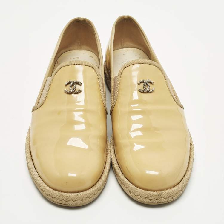 Pre Owned Chanel Size 36.5 Beige Patent Leather Espadrille Loafers